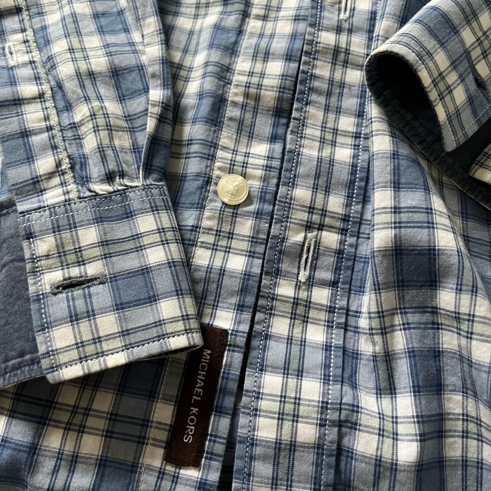 Michael Kors Slim Fit XL Blue & White Checkered Button Down Shirt - Picture 5 of 9